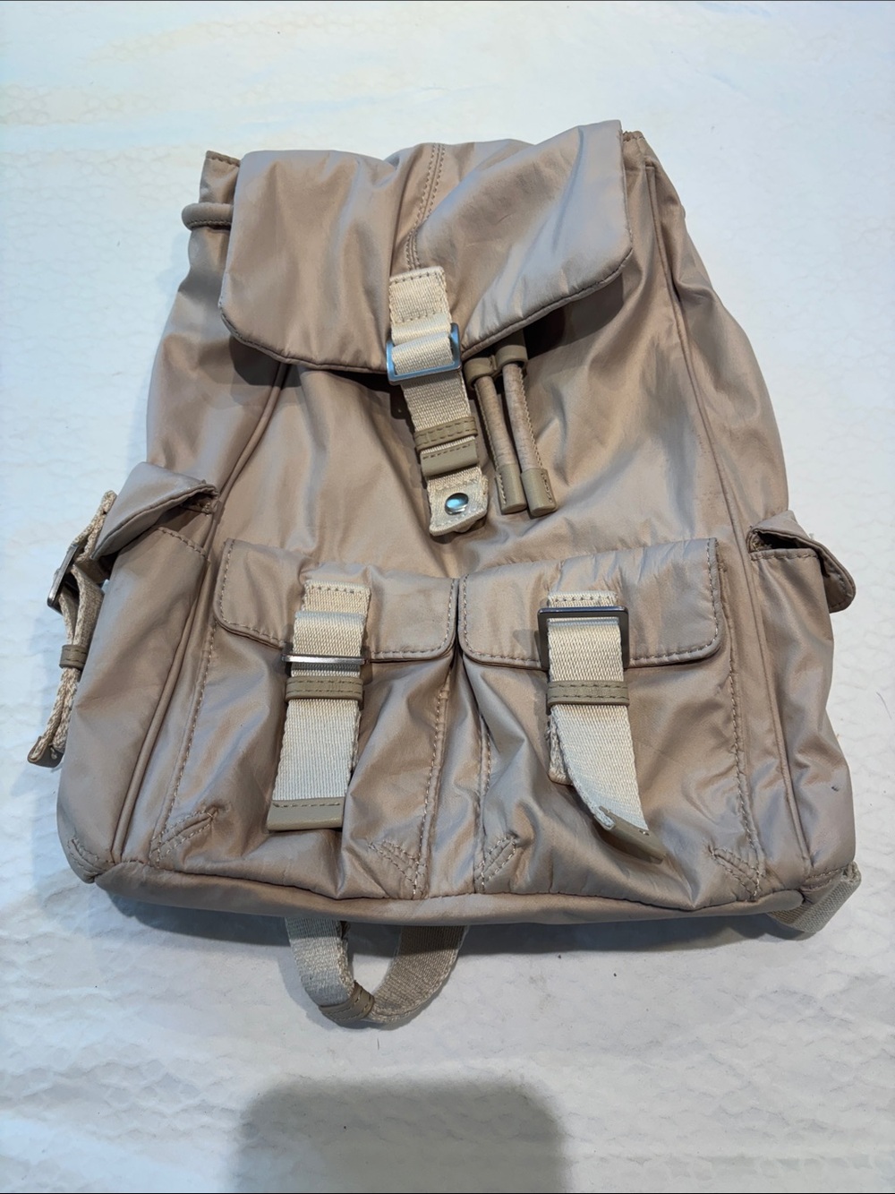 Women's Beige Nylon Backpack with Front Buckle Pockets